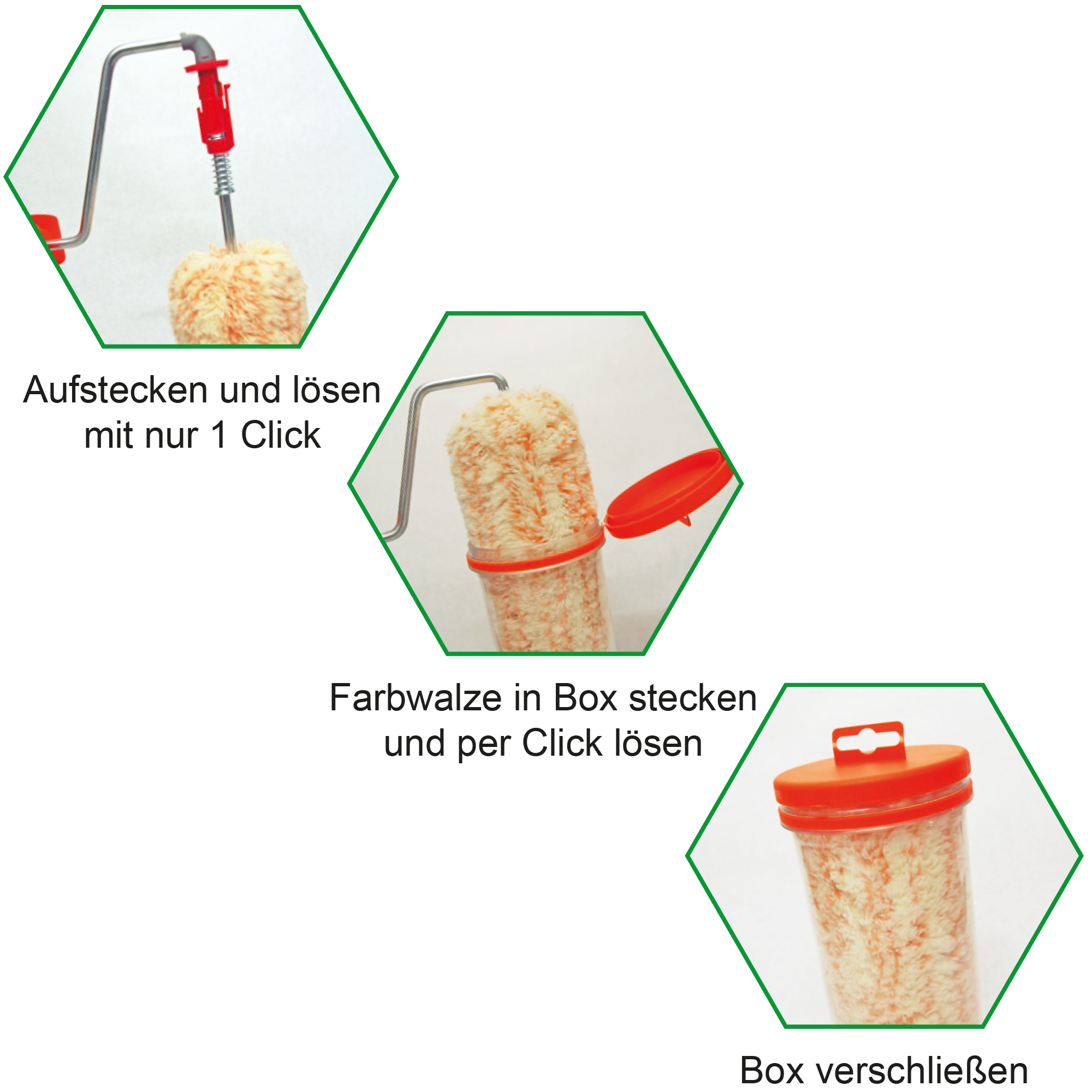 Aufstecken und l&ouml;sen mit nur 1 Clcik, Farbwalze in Box stecken und per Click l&ouml;sen, Box verschlie&szlig;en