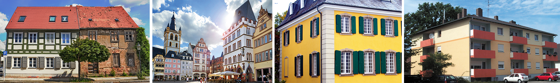 Kollage mit 4 verschiedenen Objekten - Doppelhaus links frisch und neu, rechts alt und verfallen - Fassaden der Altstadt von Trier - Haus mit gelber Fassade und grünen Fensterläden - Mehrfamilien-Wohnblock