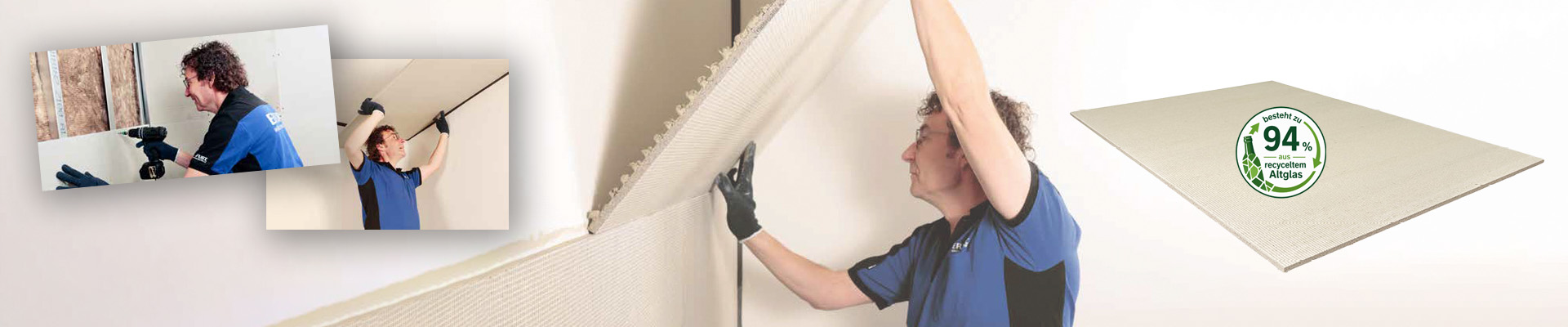 Mann montiert eine Erfurt Varioplatte VP 1000+ PRO an eine Wand - Erfurt Varioplatte VP 1000+ PRO mit Logo im Vordergrund