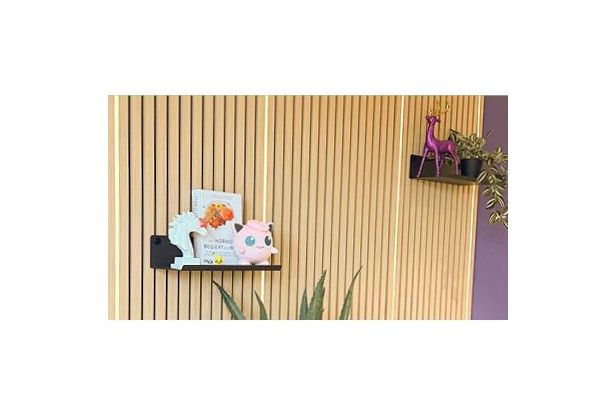 Eine montierte Akustikpaneel-Wand mit 4 LED-Streifen die leuchten und zwei Regalen mit Figuren und Pflanzen - davor ein Sideboard mit einer Pflande darauf.