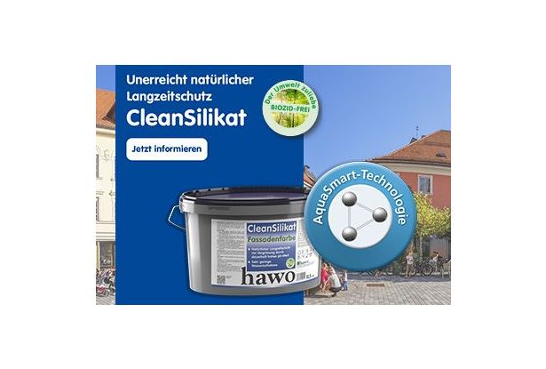 Panoramabild einer Innentstadt mit vielen verschiedenen Fassaden. Menschen in den Straßen. Abbildung des Eimer von hawo CleanSilikat.