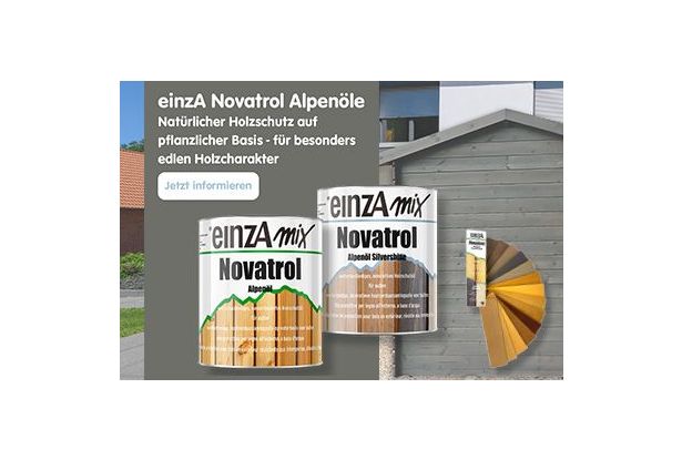 Abbildung der Novatrol Produkte, des Farbtonf&auml;chers und einer grau gestrichenen H&uuml;tte