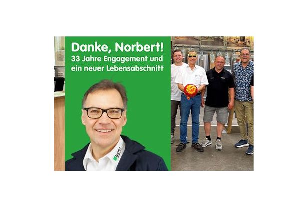 Bild von Norbert Frühbis und im Hintergrund ein Bild von der Verabschiedung in der Filiale Worms