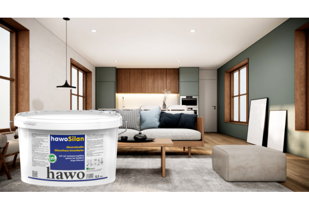 modernes Wohnzimmer mit großer, weißer Deckenfläche und Küche im Hintergrund - Abbildung eines Eimers hawoSilan