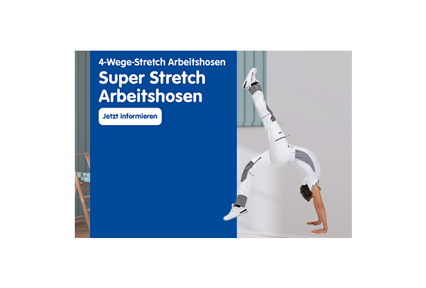 Maler vor einer halb Tapezierten Wand und schwingt ein Bein hinter sich, wie beim FlickFlack, nur das ein Bein fast schon wieder den Boden berührt, wärend das andere Bein noch in die Luft gestreckt ist. Schriftzug SuperStrecht und FormFlex
