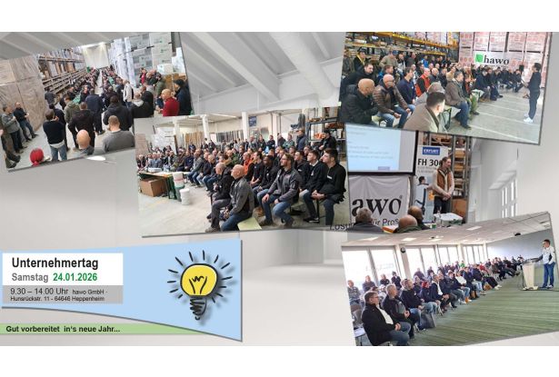 Abbildung der Einladung f&uuml;r den Unternehmertag Fassade mit drei Bildern mit aufmerksamen Publikum