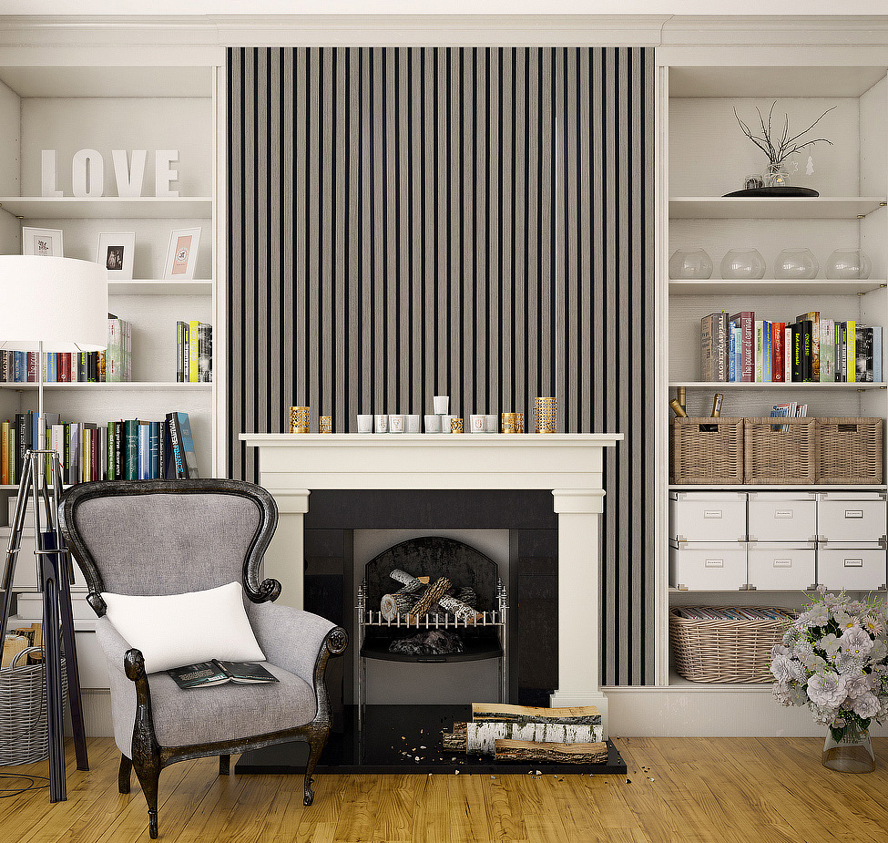 Kaminzimmer mit grauer Akustikpaneele