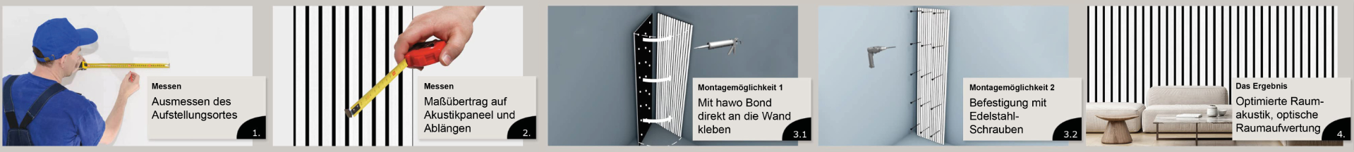 Banner mit Montageanleitung - 1. Messen - 2. Maß auf Paneel übertragen - 3.1. kleben mit hawo Bond oder 3.2. verschrauben - 4. der fertige Raum