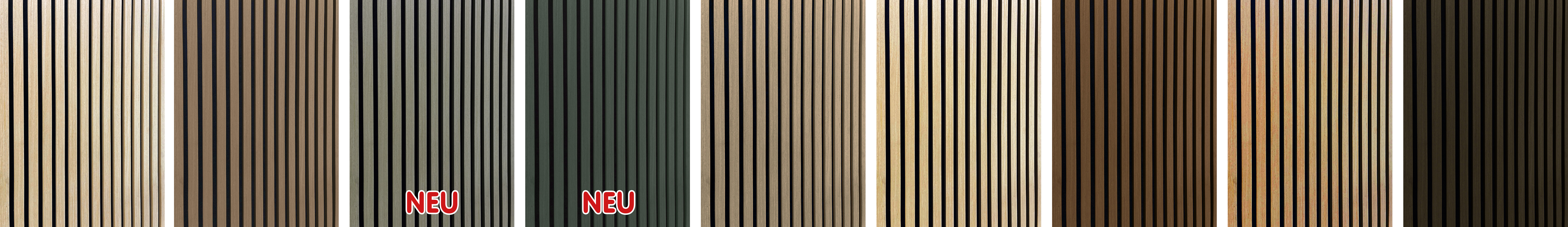 Banner mit Abbildung der neun verschiedenen Farben von Akustikpaneelen