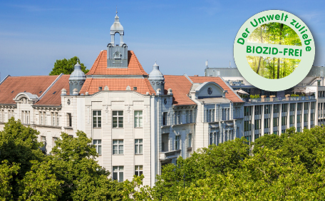 Altstadtfassaden, fotografiert aus einem Park von über den Baumwipfeln. Mit dem Logo "Der Umwelt zuliebe Biozid-frei"