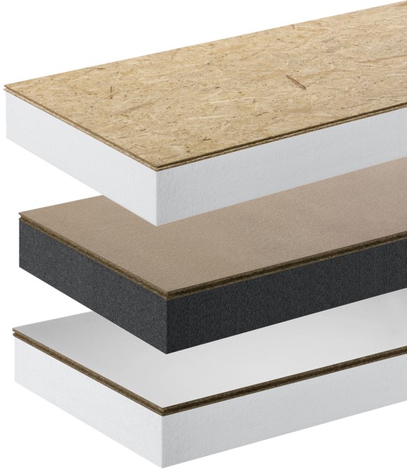 Drei Dachbodenelemente - OSB mit wei&szlig;em EPS, V100 Platte mit grauem EPS, Melaminharzplatte mit wei&szlig;em EPS