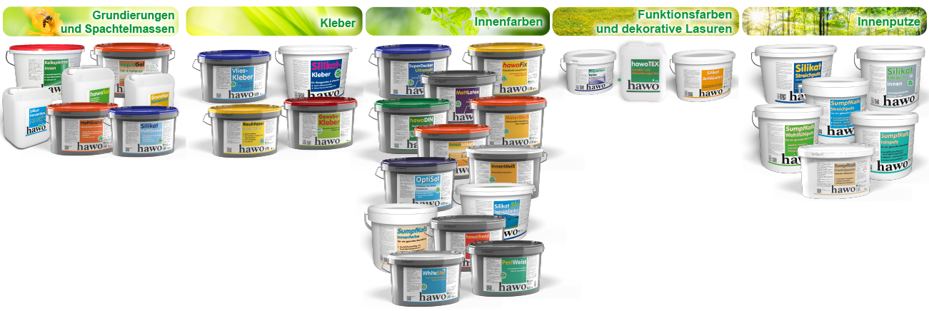 Abbildung aller ELF-Gebinde in den Kategorien: Gundierungen und Spachtelmassen, Kleber, Innenfarben, Funktionsfarben und dekorativen Lasuren, sowie Innenputze.