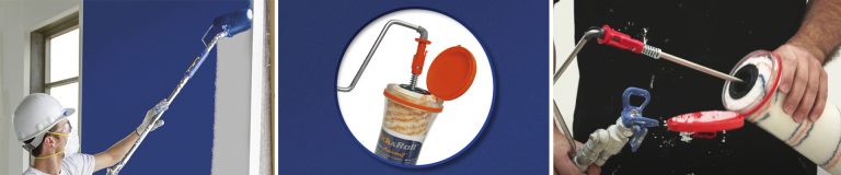 3 Bilder - 1. Maler streicht mit Jetroler eine Wand blau - 2. Abbildung des Click and Roll Systems - 3. Jetroller mit der Click and Roll Walze best&uuml;ckt