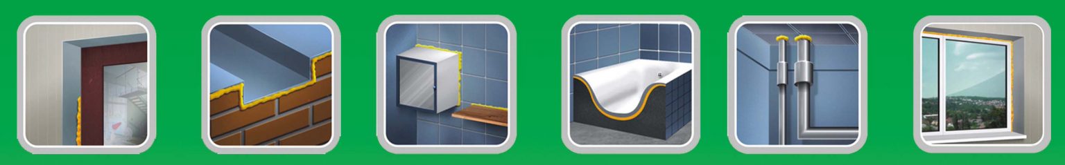 Banner mit 6 Bilder für Anwendungen - Leibungen, Mauerfugen, Hohlräumen an Regalen, Badewanne, Rohrdurchführungen, Fenstermontage