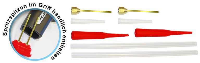 Abbildung des Zubehör. Zwei 5 cm Messingspitzen mit der Info, dass sie im inneren des Pistolengriffs sind. Zwei kleine Kunststoffspitzen, zwei rote Kappen und zwei flexible Kunststoffschläuche.