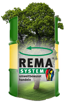 Aufgeschnittenes Fass in dem ein Baum ist (Fotomontage) und darauf das REMA Logo