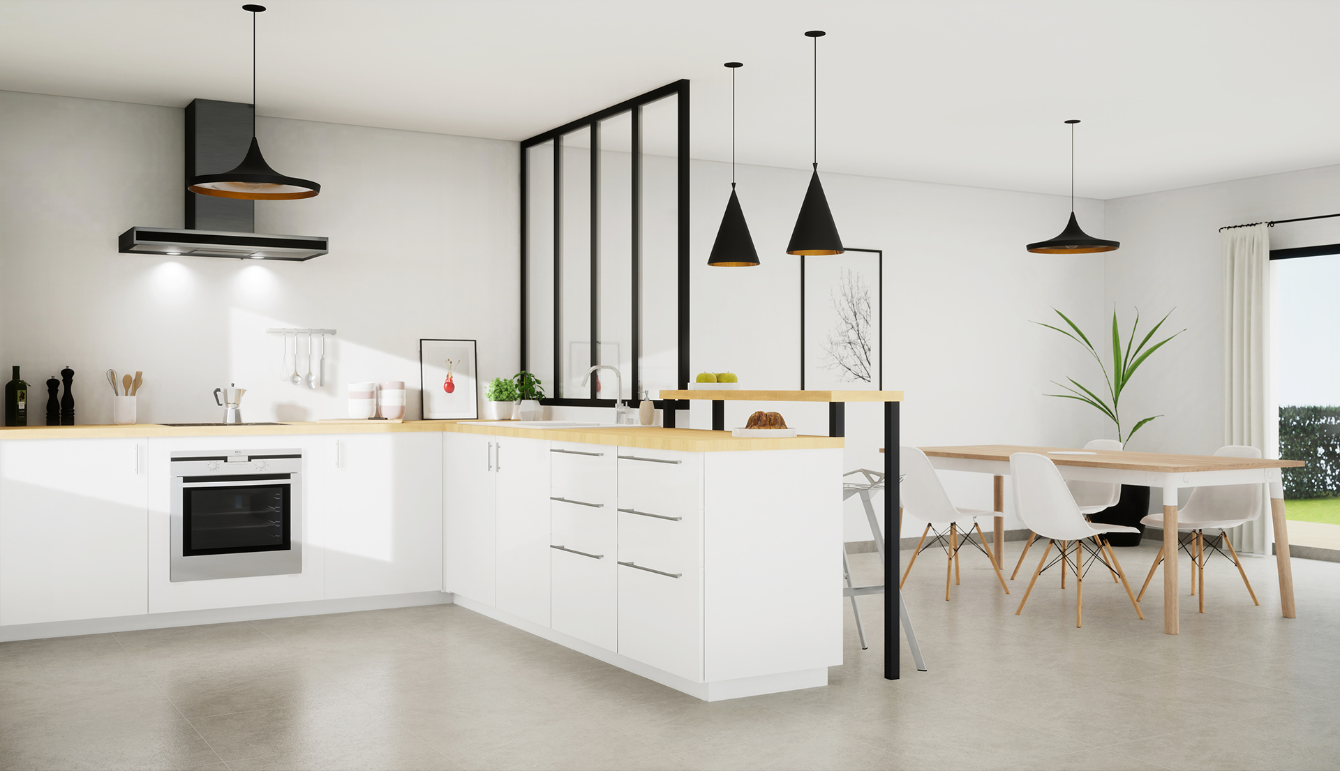 strahlend weiße, moderne Küche mit Eßbereich