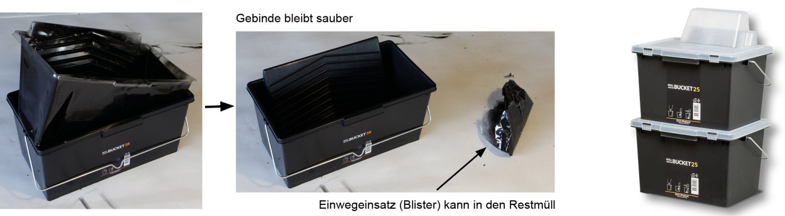 Eimer mit halb-entnommenen Einsatz in dem getrockente schwarze Farbe ist - daneben ist der Einsatz komplett entnommen und zusammengeknüllt - ganz rechts sind zwei Eimer mit Deckel aufeinander gestapelt.
