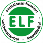Logo ELF - emissionsminimiert - weichmacherfrei - lösemittelfrei