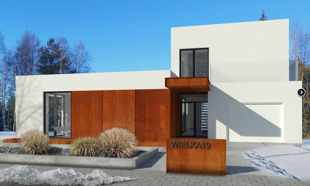 wei&szlig;es modernes Haus im Winter mit mit einigen Rostoptik-Details.