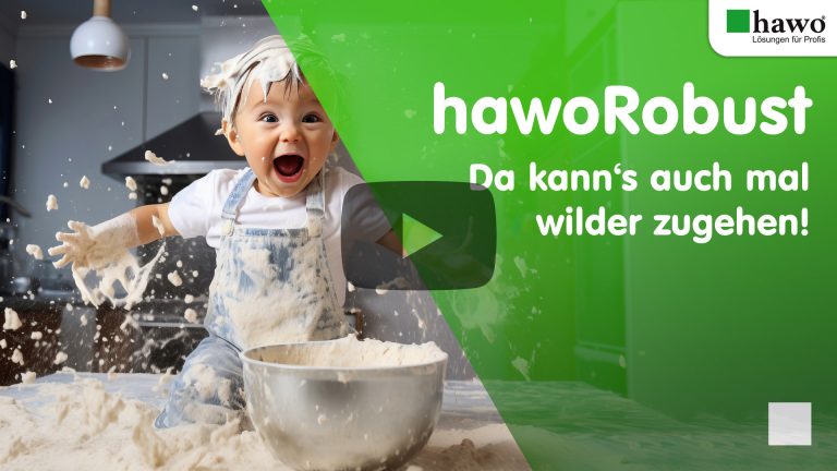 Titelbild zum YouTube-Produkt-Video von hawo Robust - Kleinkind in einer Küche - vor ihm eine Schüssel mit Teig - das Kind lacht und hat den flüssigen Teig in den Haaren und an den Händen - es schleudert jede Menge Teig durch die Luft