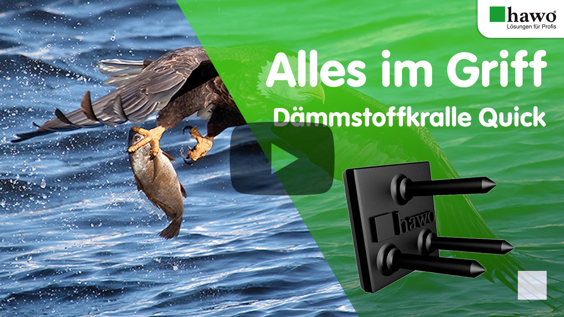 Vorschaubild YouTube-Video Alles im Griff mit hawo Dämmstoffkralle Quick - Seeadler fliegt übers Wasser und hat Fisch in den Krallen fest im Griff, Muster hawo Dämmstoffkralle Quick im Vordergrund