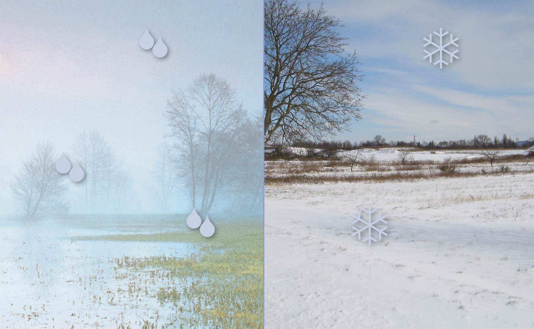 2 Bilder - links Nebellandschaft mit Wassertropfen - rechts Winterlandschaft mit Schneeflocken