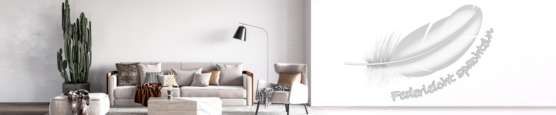 Wohnzimmer (Couch, Sessel, Tisch, Kaktus) mit weißen glatten Wänden - Abbildung einer Feder mit der Aufschrift "Federleicht spachteln"