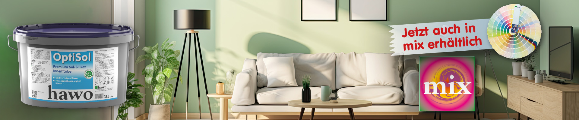 Modernes Wohnzimmer olive farben gestrichen - hawo OptiSol Gebinde und hawo-Mix-Logo im Vordergrund