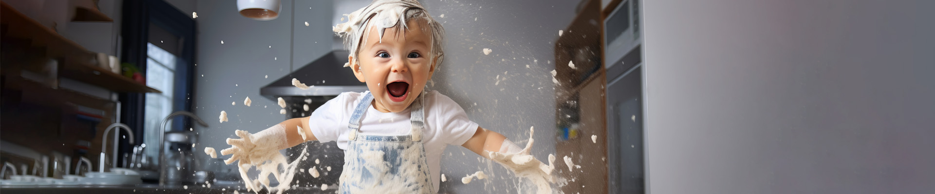 Kleinkind in einer Küche - das Kind lacht und hat flüssigen Teig in den Haaren und an den Händen - es schleudert jede Menge Teig durch die Luft