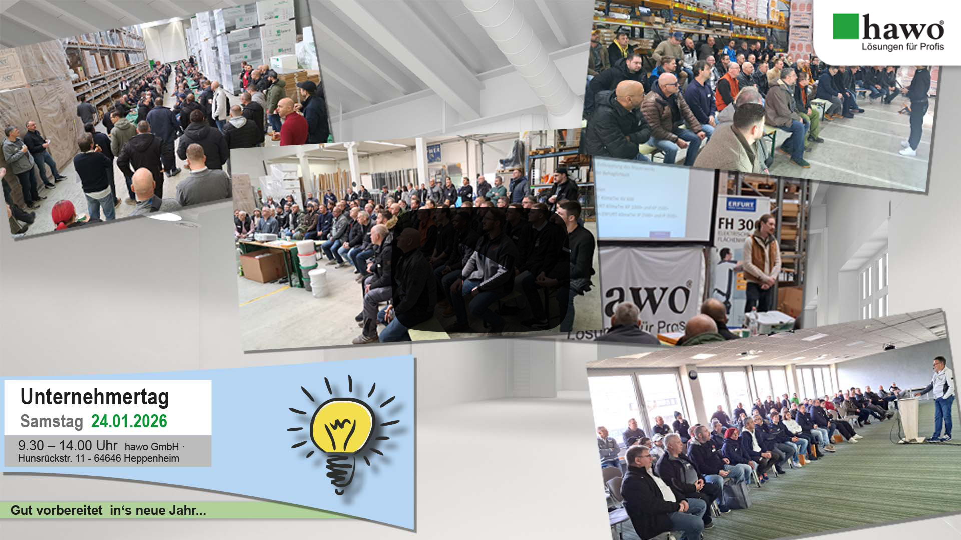 Titelbild des YouTube-Videos - Abbildung der Einladung f&uuml;r den Unternehmertag Fassade mit f&uuml;nf Bildern der verschieden Vortraglocations mit aufmerksamen Publikum - in der Mitte ein Play-Button